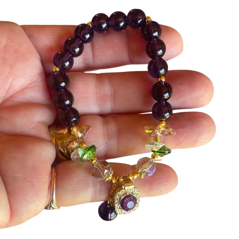Amethyst Beaded Stretch Bracelet Gold Tone Crystal Halo Charm Purple Green Boho